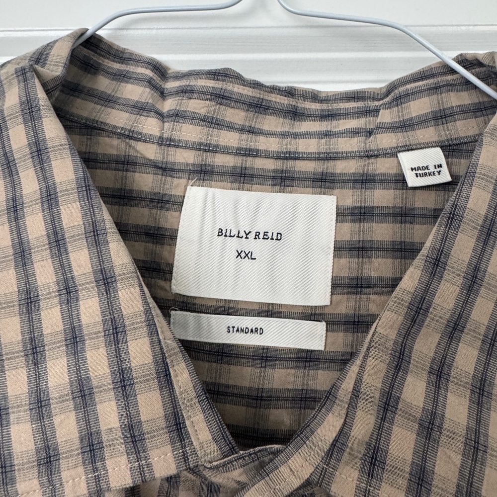 Billy Reid Beige and Navy Plaid Button-Down Shirt